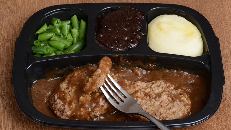 Salisbury steak TV dinner with dessert compartment