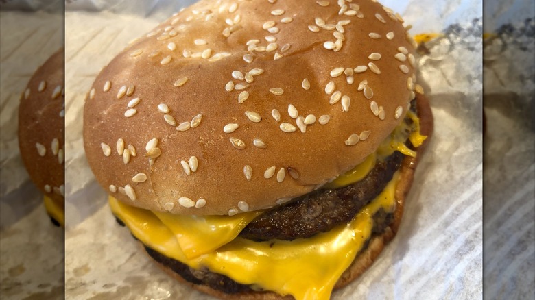 Close up of Burger King double cheeseburger