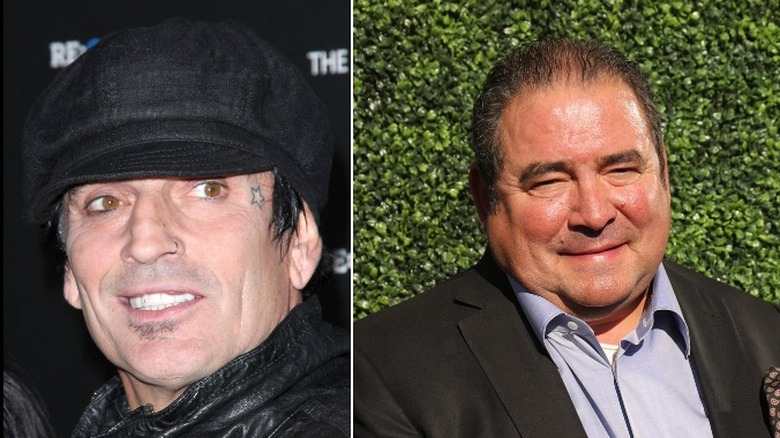 Tommy Lee with a hat on and Emeril Lagasse looking amused