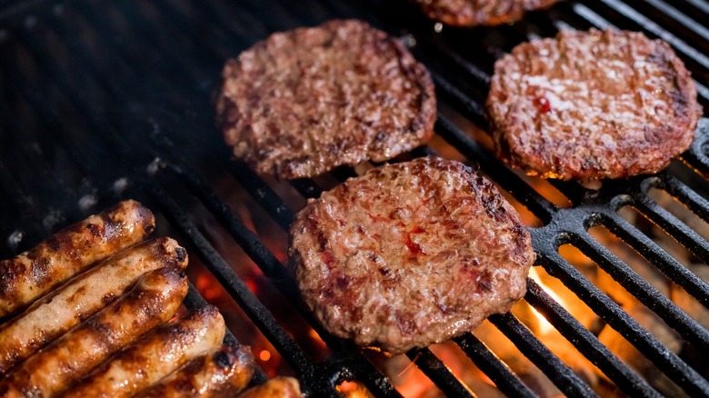 sausage links and patties on the grill