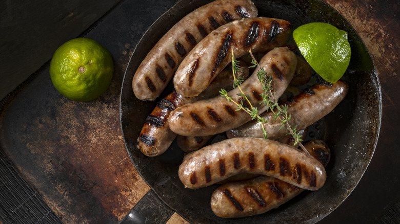 pan of cooked italian sausage links 