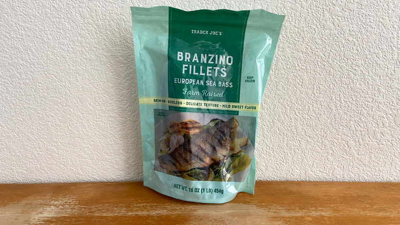 Trader Joe's branzino fillet bag on table