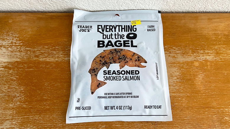 Trader Joe's smoked salmon package on table