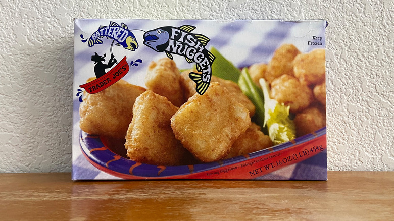 Trader Joe's fish nuggets box on table