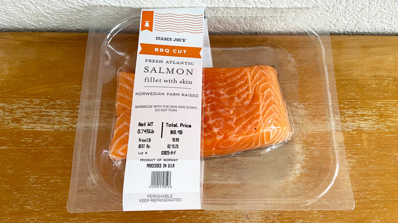 Trader Joe's salmon fillet in packaging on table