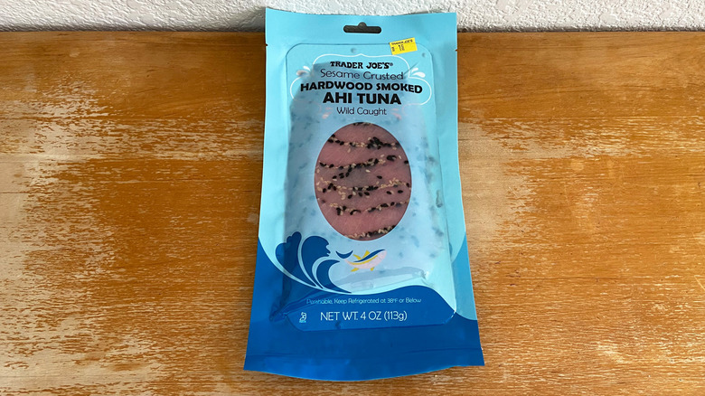 Trader Joe's smoked ahi bag on table