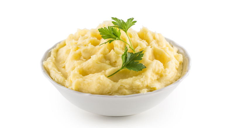 Mashed potatoes in a white bowl