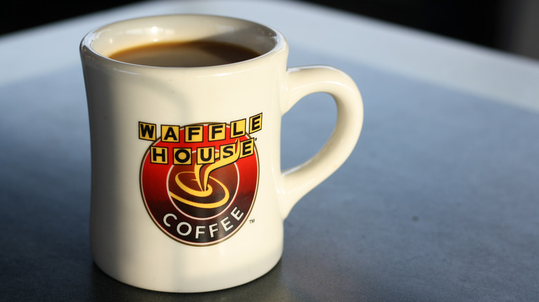 Waffle House mug filled with coffee