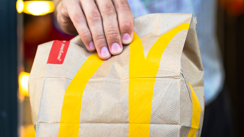 A hand holding a brown Mcdonald's bag