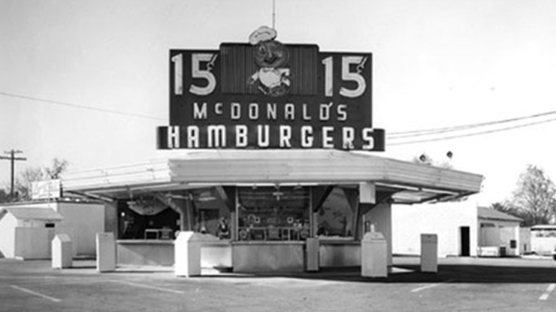 Black and white photo of the first McDonald's