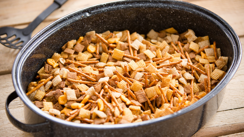 Pot filled with Chex mix