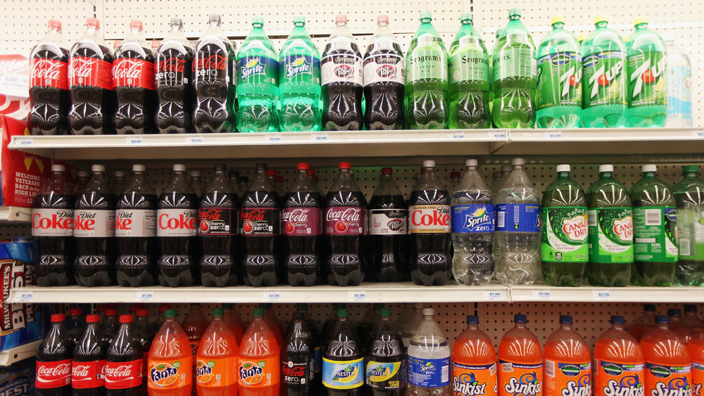 Soda bottles on store shelves