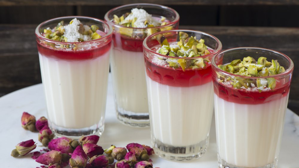 Rosewater panna cotta topped with pistachios