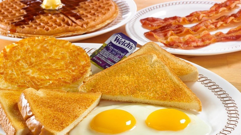 Waffle House breakfast eggs, bacon, and waffles