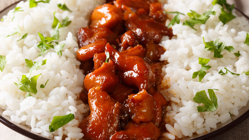 Bourbon chicken on a bed of rice