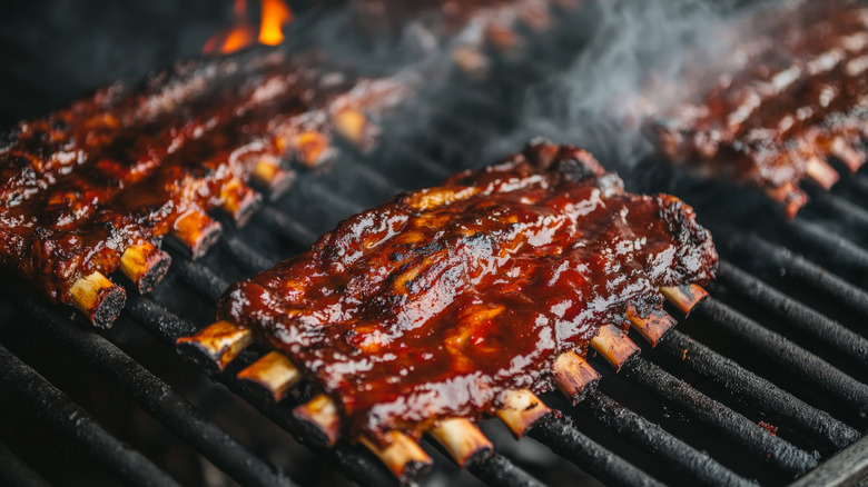 Closeup of pork ribs on the grill