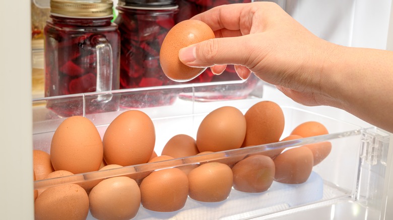 Hand holding egg in a fridge