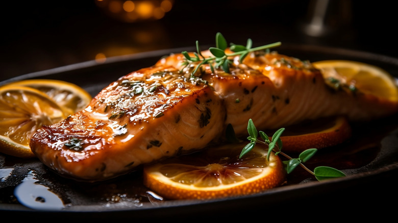 Glazed charred salmon with citrus and fresh herbs