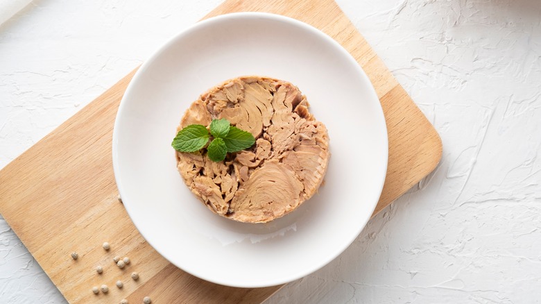 Canned tuna on white plate