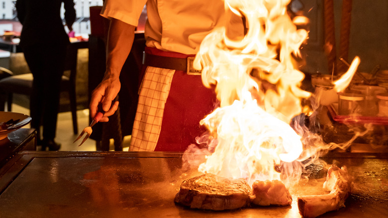benihana teppanyaki grill on fire