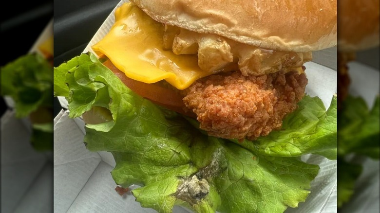 Chick-Fil-A deluxe sandwich with "bird feces" on it