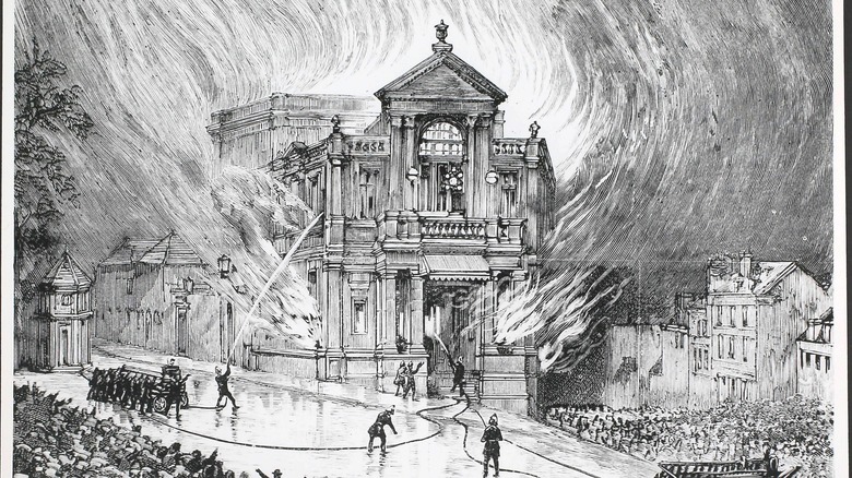 Black and white etching of fire scene