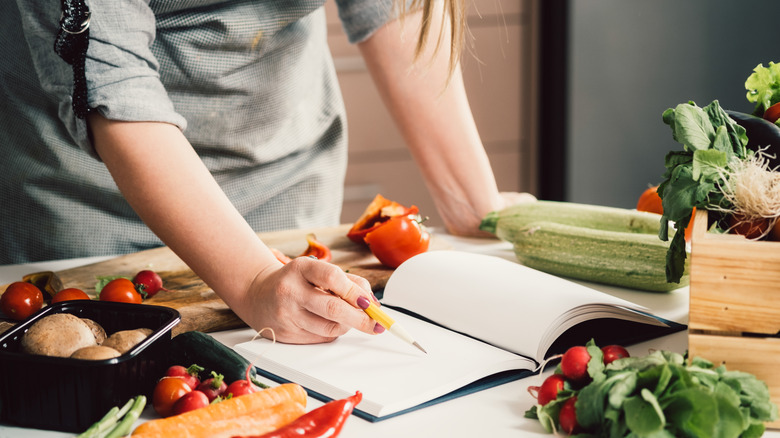 Person looking at a cookbook in kitchen