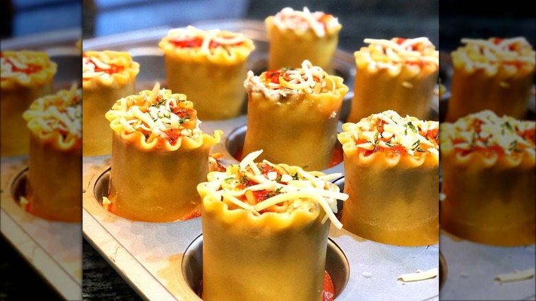 Individual lasagna roses in muffin tray