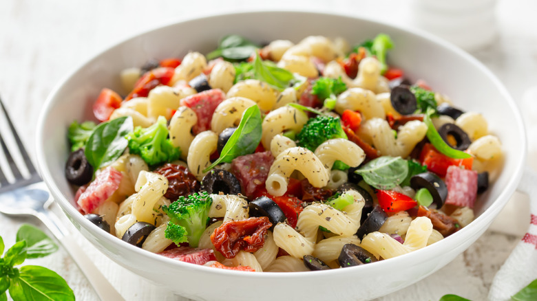 Bowl of pasta salad with veggies