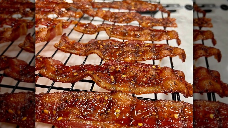 Glazed bacon on a wire rack