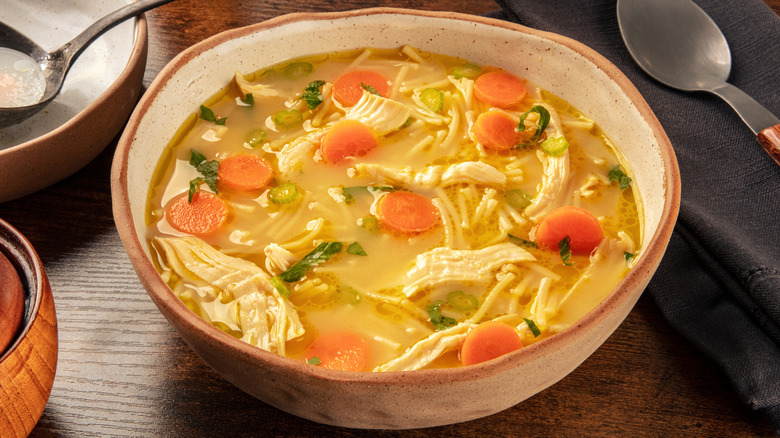 Bowl of chicken noodle soup with carrots