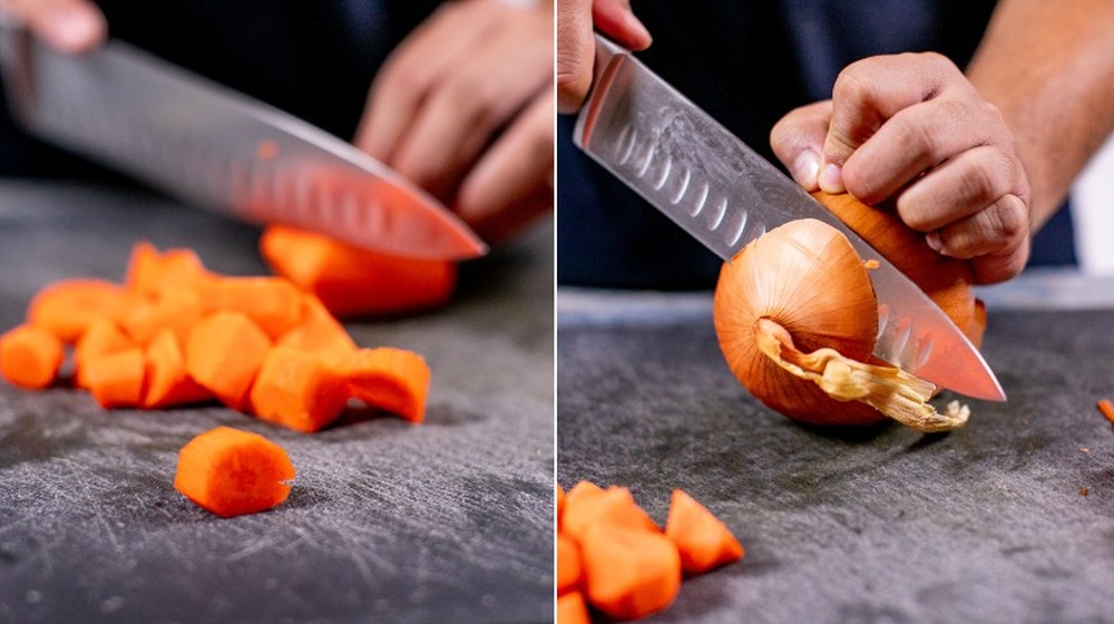 chopping carrot and onion