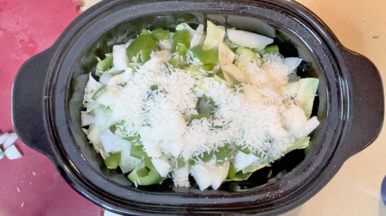 rice and vegetables in slow cooker