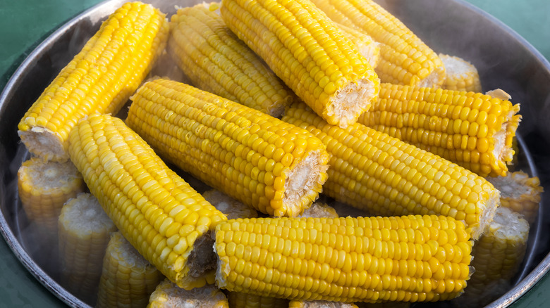 Boiled corn in a pot