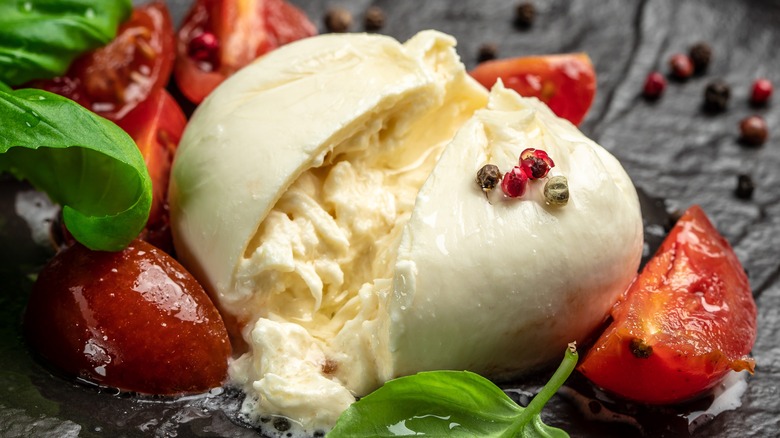 A burrata ball sliced open