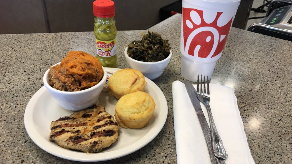 Chicken, collard greens, sweet potato soufflé, and cornbread