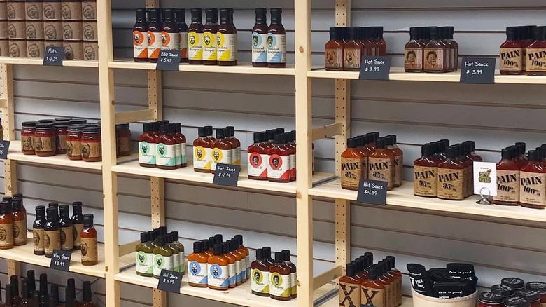 Hot sauces on shelves