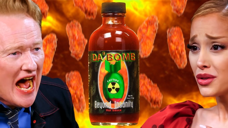 Conan O'Brien and Ariana Grande close-ups with Da Bomb hot sauce in the middle