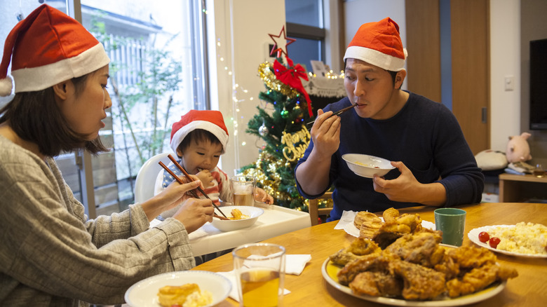 Japanese family eating fried chicken