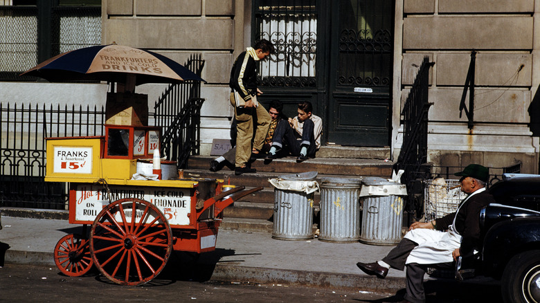 Old-school hot dog vending cart on street