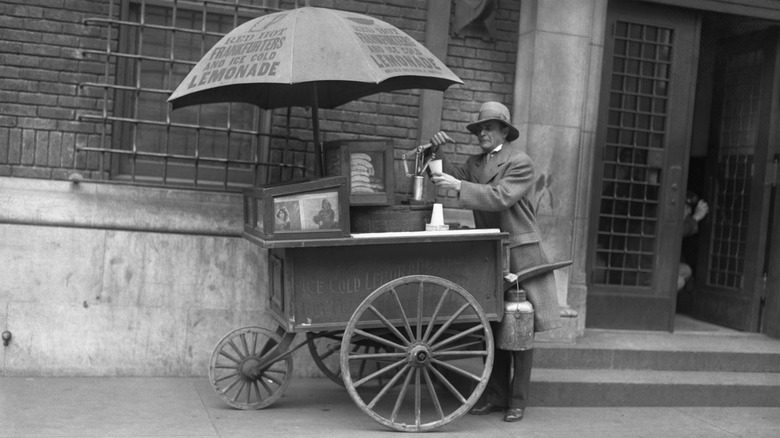 hot dog and lemonade cart (black and white image)