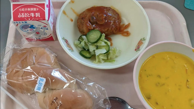 Tray of Salisbury steak and Japanese milk 