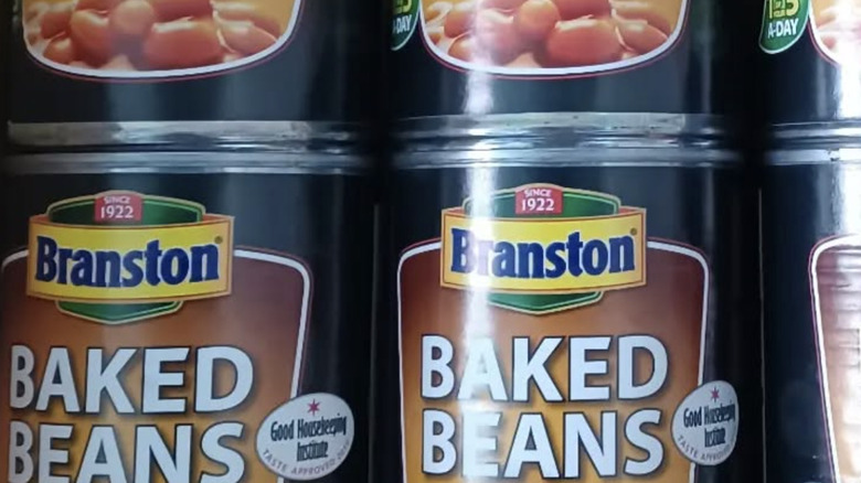 Rows of canned Branston baked beans