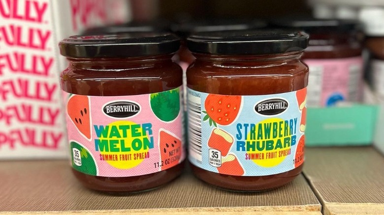 Fruity jam spreads from Aldi sitting on a shelf