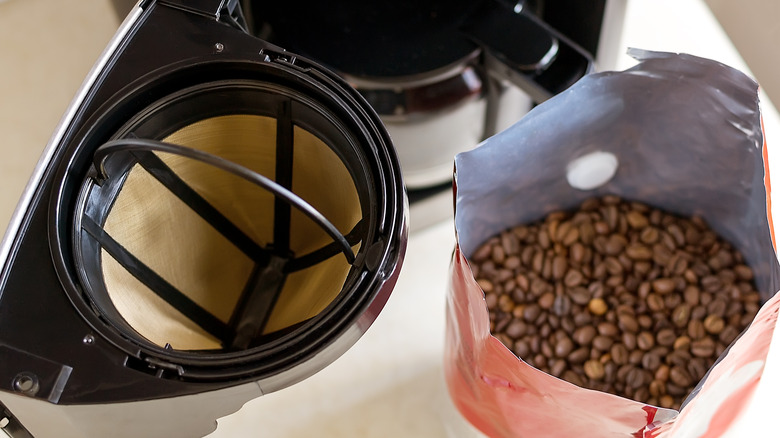 Filter basket with a bag of coffee beans