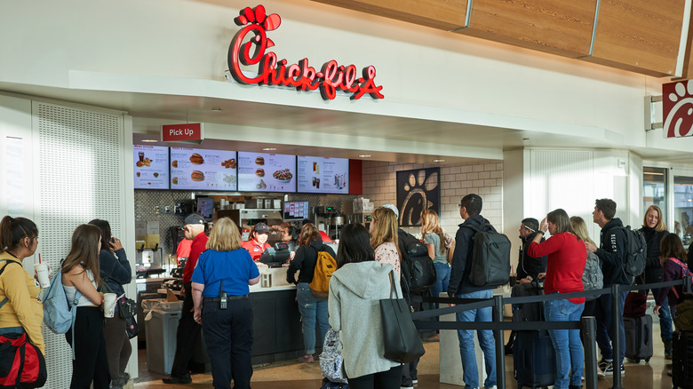 Customers in line at Chick-fil-A airport location