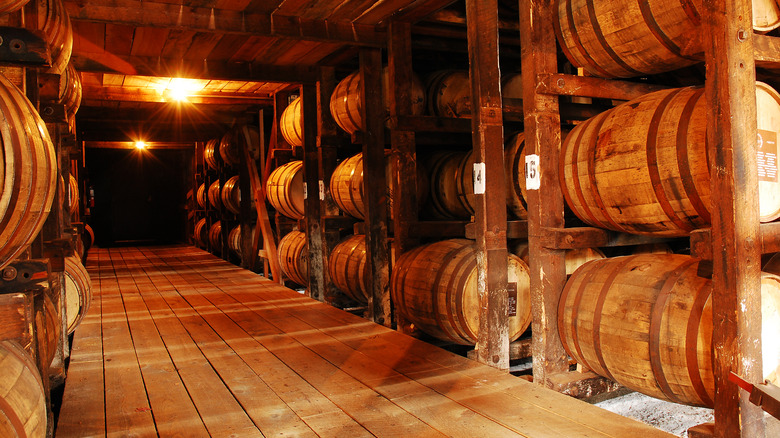 Bourbon barrels in a distillery