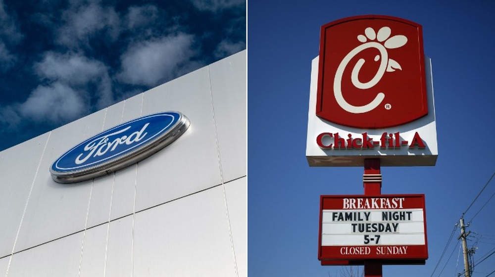 Ford Motor Company and Chick-fil-A signs in split image