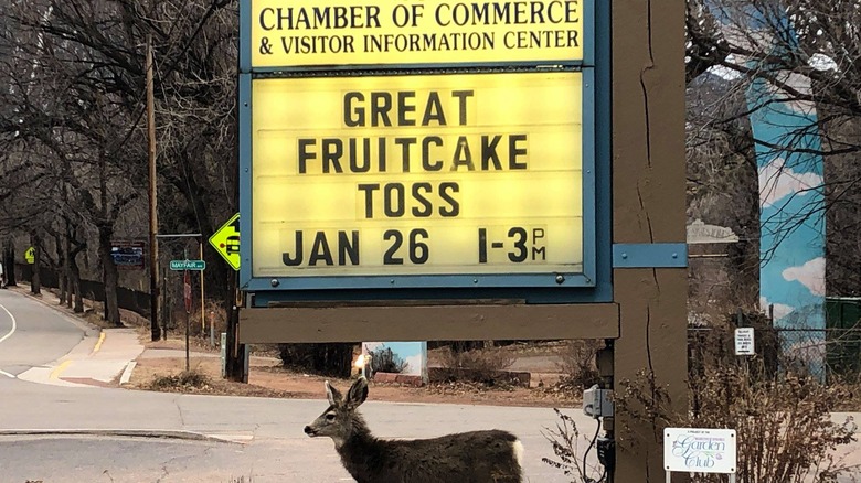 Manitou Springs Fruitcake Toss sign