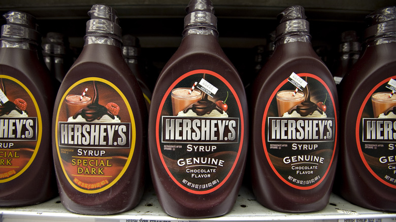 Hershey's chocolate syrup on supermarket shelf